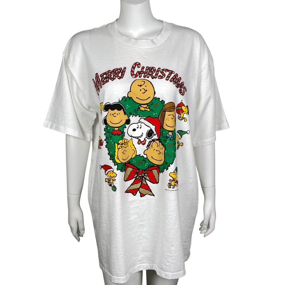 Vintage Peanuts Snoopy Merry Christmas Nightshirt Womens XL White Made in USA